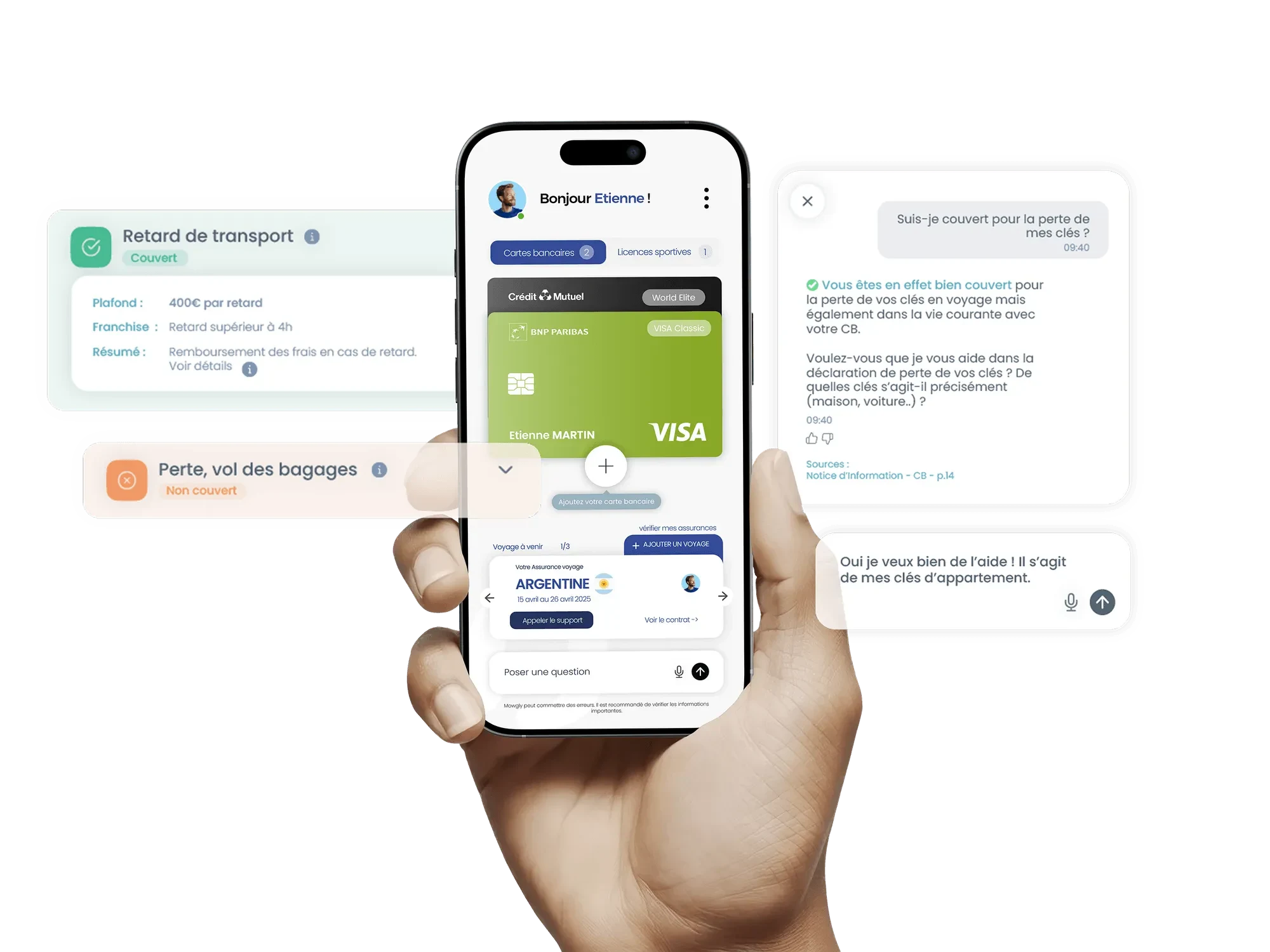 Application MOWGLY sur téléphone : cartes, garanties et agent IA